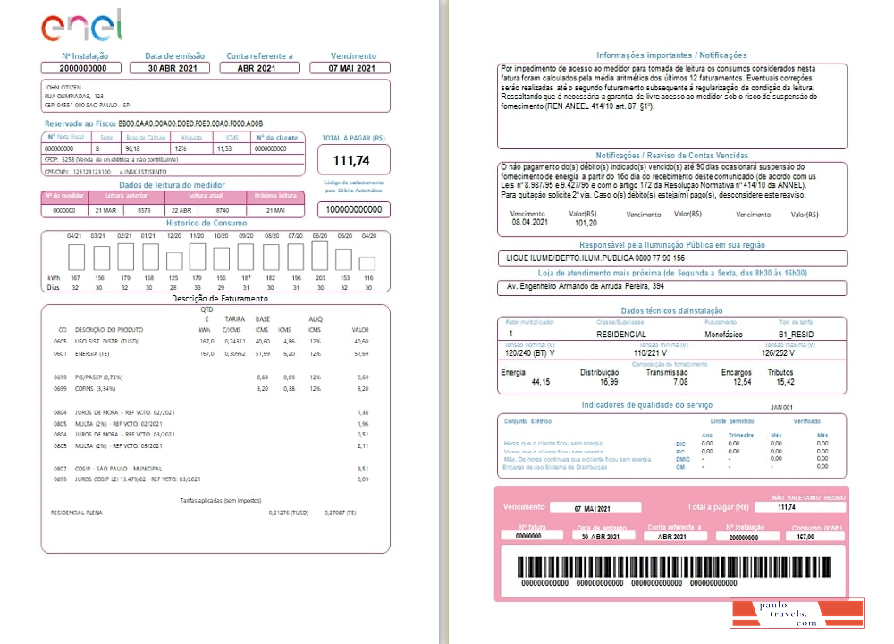 Brazil ENEL electricity utility bill (2 pages)